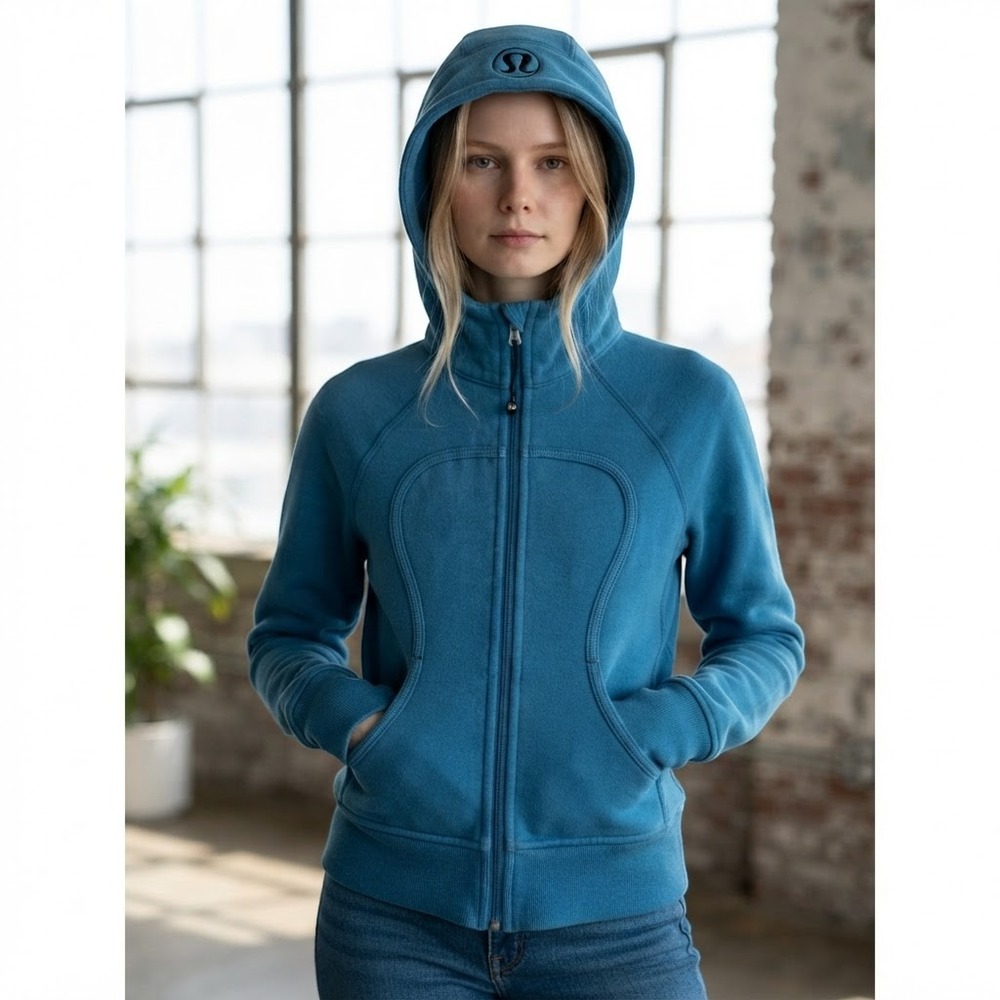 Lululemon scuba full zip hoodie women size 6 teal blue 95% cotton retro